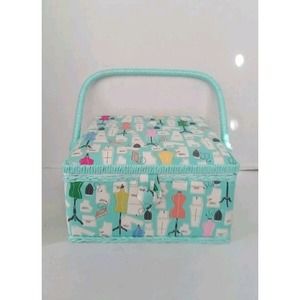 Sewing Basket Organizer Craft Storage Box Mannequin Print Turquoise Trim